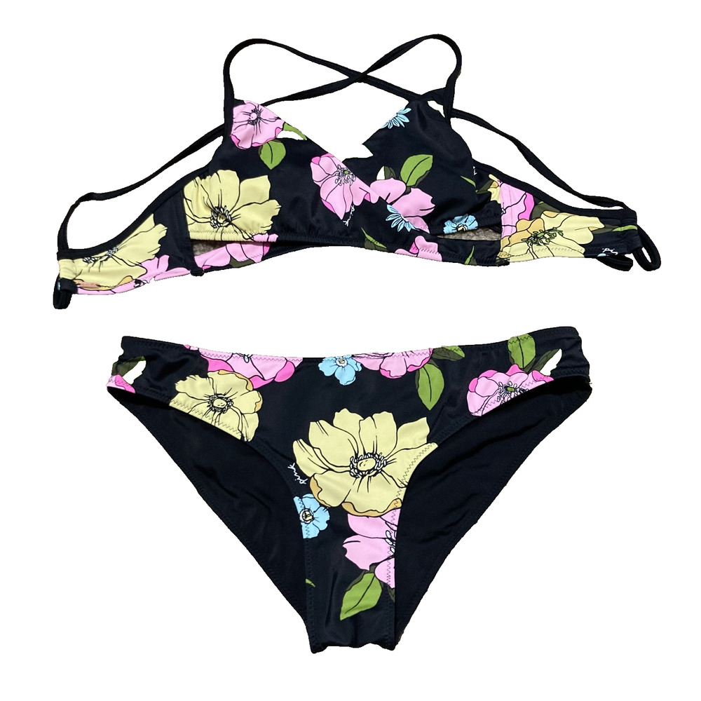 Victorias Secret PINK Black Floral Brazilian 2-Piece Bikini Swimsuit Set Size S